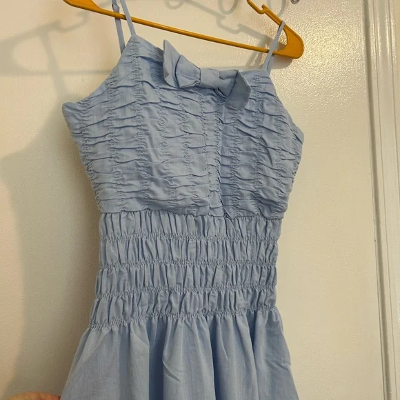 🩵EUC Simple Retro Light Blue Smocked Maxi Dress with Bow Detail size M Vintage - Picture 3 of 15